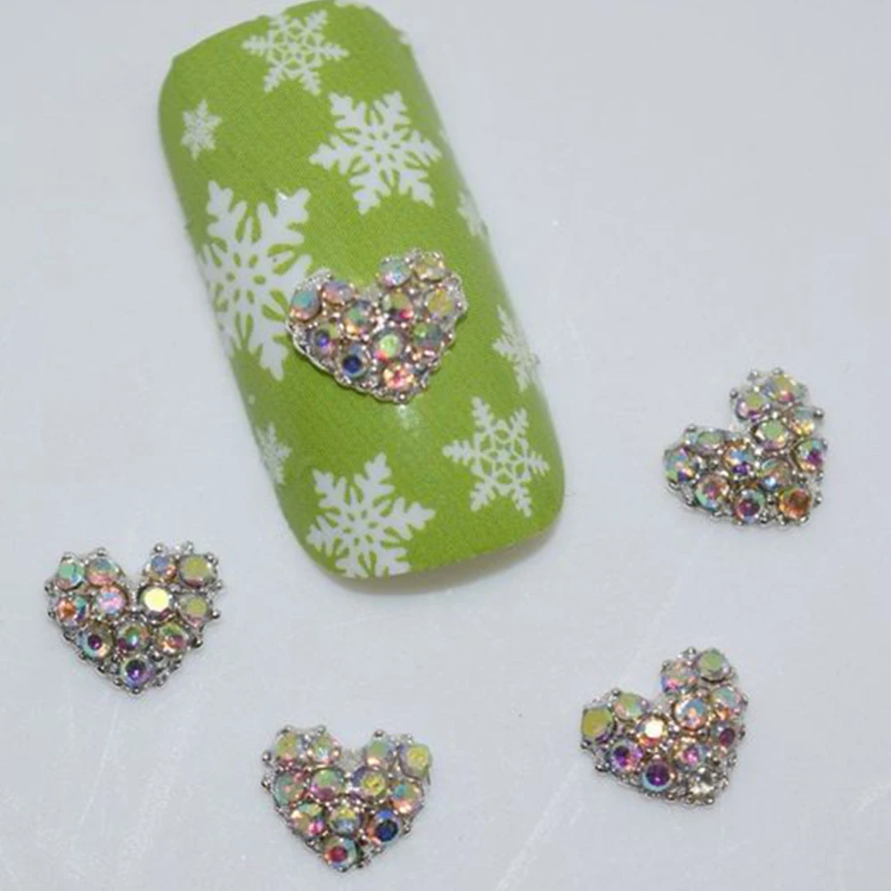 10шт Чар за дизайн на ноктите с пайети във формата на сърце, 10 мм, Плоски кристали, бижута от планински кристал, Злато / сребро, 3D Аксесоар за нокти с диаманти във формата на сърце . ' - ' . 2