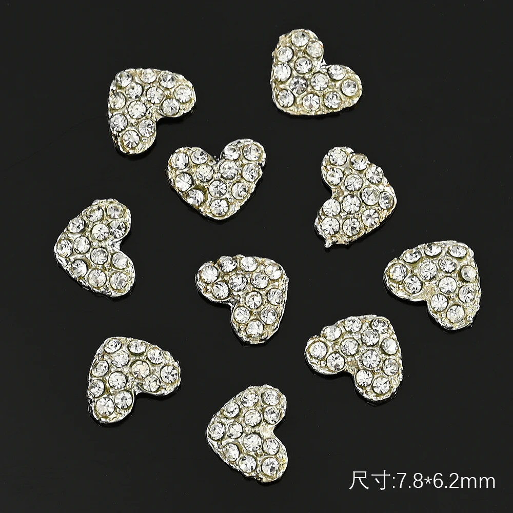 10шт Чар за дизайн на ноктите с пайети във формата на сърце, 10 мм, Плоски кристали, бижута от планински кристал, Злато / сребро, 3D Аксесоар за нокти с диаманти във формата на сърце . ' - ' . 4