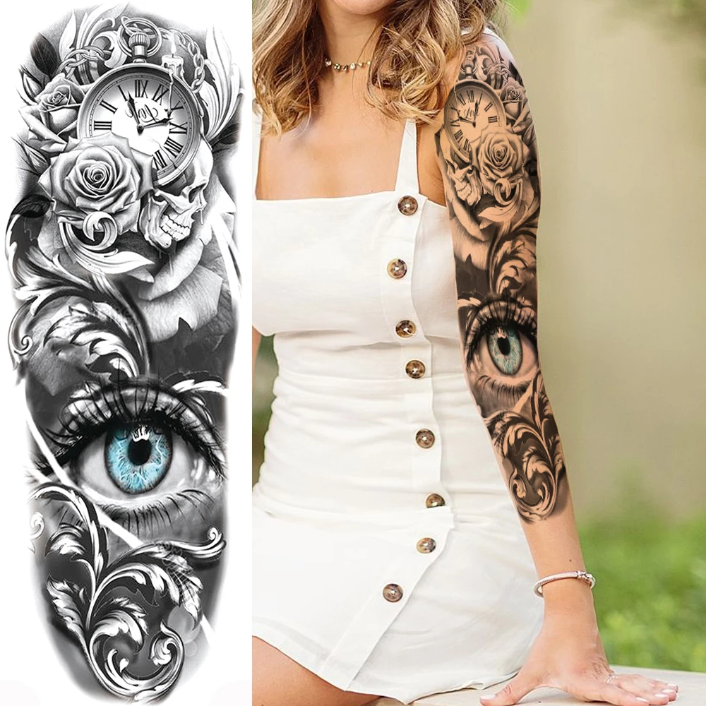 Временни татуировки Орел Wolf На ръкав за мъже И жени, Самурайски Компас, на Очите, на Черепа, Лъв, фалшиви татуировки, татуировка на цялата ръка, много големи . ' - ' . 2