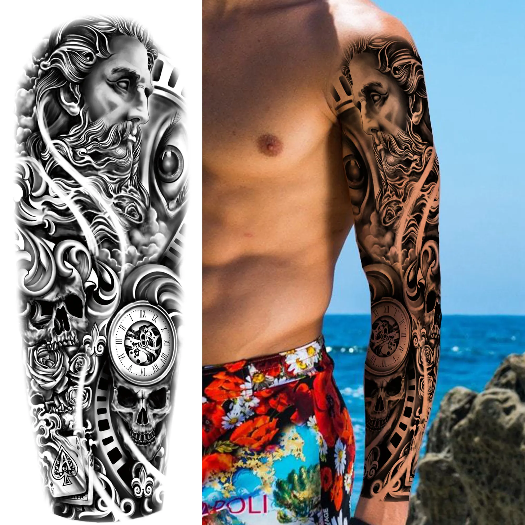 Временни татуировки Орел Wolf На ръкав за мъже И жени, Самурайски Компас, на Очите, на Черепа, Лъв, фалшиви татуировки, татуировка на цялата ръка, много големи . ' - ' . 5