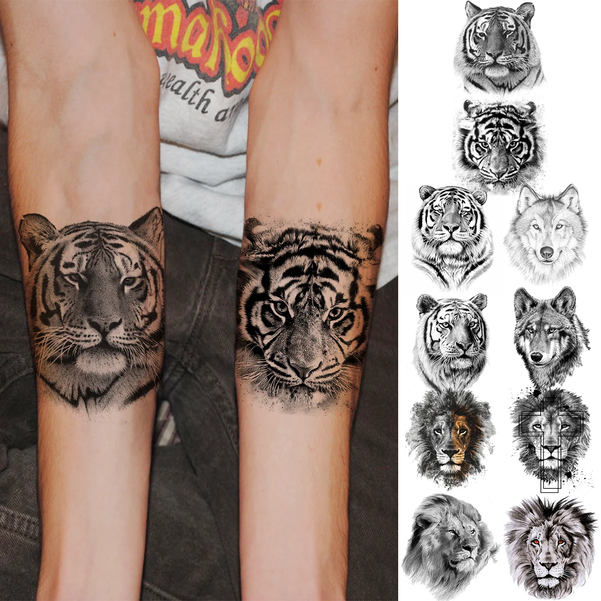 Временни татуировки с 3D Главата черен Тигър за жени, мъже, възрастни, Вълкът, Лъвът, Кръст, фалшива татуировка, стикер, модерен боди-арт, водоустойчив татуировки . ' - ' . 0