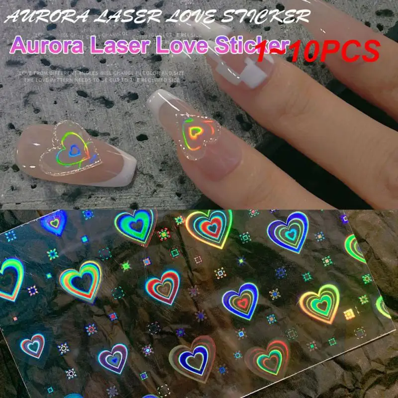 1 ~ 10ШТ Aurora Лазерна стикер за дизайн нокти с формата на сърце, супер брилянтен Звезден модел, стикер от стъклен фолио за нокти, стикер за маникюр, декорация на нокти . ' - ' . 0