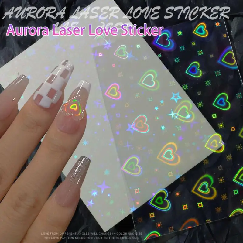1 ~ 10ШТ Aurora Лазерна стикер за дизайн нокти с формата на сърце, супер брилянтен Звезден модел, стикер от стъклен фолио за нокти, стикер за маникюр, декорация на нокти . ' - ' . 2