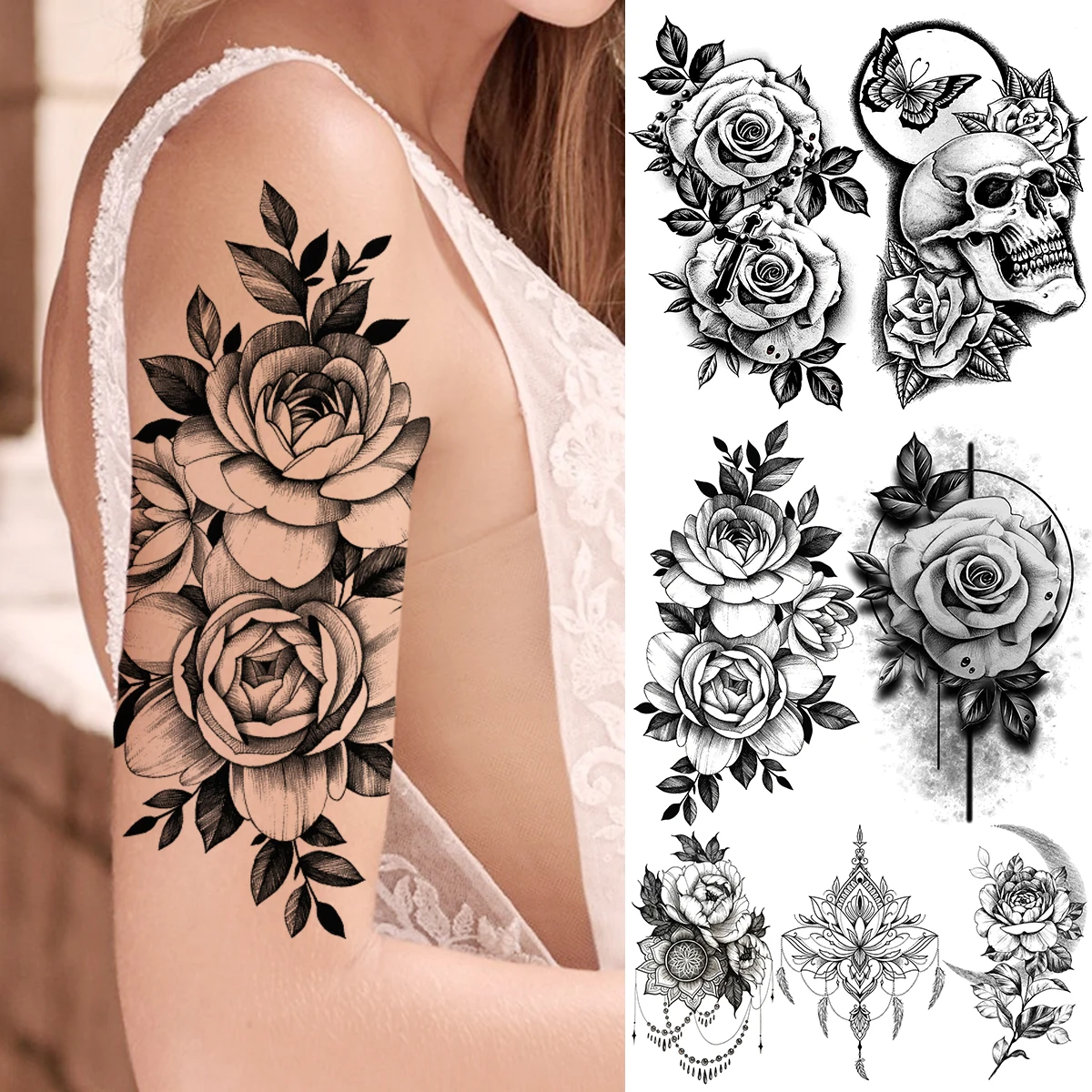 Временни татуировки с цветя на Черна роза и Божур За жени и момичета, Реалистичен Череп, стикер с фалшива татуировка на роза с къна, Секси татуировки на ръцете, бедрата . ' - ' . 0