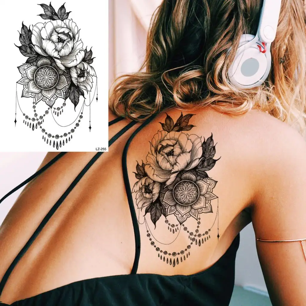 Временни татуировки с цветя на Черна роза и Божур За жени и момичета, Реалистичен Череп, стикер с фалшива татуировка на роза с къна, Секси татуировки на ръцете, бедрата . ' - ' . 2