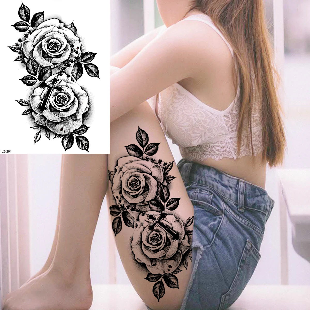 Временни татуировки с цветя на Черна роза и Божур За жени и момичета, Реалистичен Череп, стикер с фалшива татуировка на роза с къна, Секси татуировки на ръцете, бедрата . ' - ' . 5