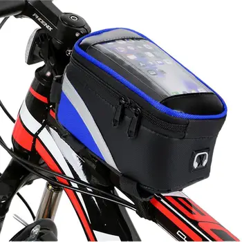 Чанта за предната част на рамката на колелото, водоустойчива чанта, велосипедна рамка, стойка за телефон, двоен цип, закопчалка за телефон, аксесоари за велосипед