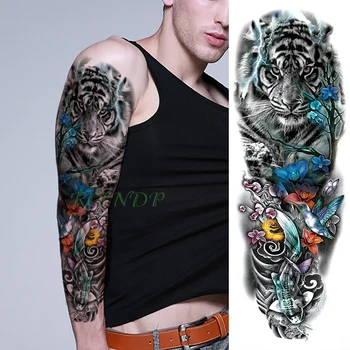Водоустойчив временна татуировка-стикер тигър, пъстри цветя, птици, диви светкавица, татуировка-ръкав, тато голям размер за мъже и жени
