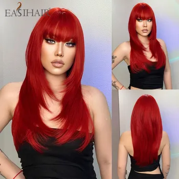 EASIHAIR Дълги прави червени синтетични перуки Многослоен перука от пряка естествена коса с бретон за жени Топлоустойчива перуки за cosplay