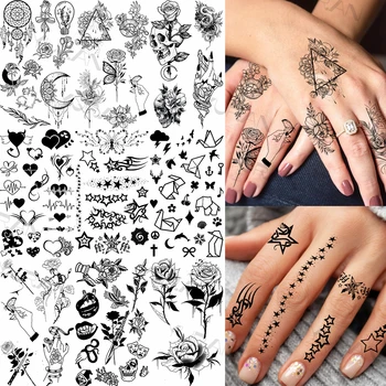 Секси временна татуировка във формата на цвете и звезда За жени и възрастни, реалистичен Скелет, Роза, Ловец на сънища, Фалшива татуировка, която може да се пере с пръсти, Малка татуировка
