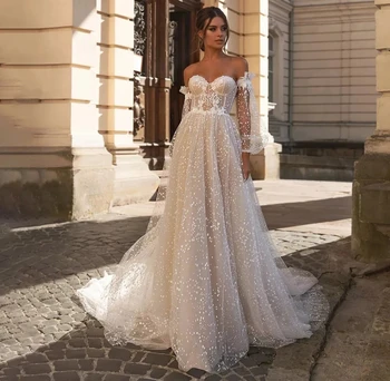 Сватбена рокля с А-силует, с отворени рамене, дълги дантелени апликации, женствена рокля на булката Robe De Mariee