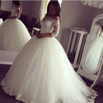 ANGELSBRIDEP Елегантна тюлевое топката принцеса рокля с деколте лодка, сватбени рокли, Vestido Novias, дантелено сватбена рокля с аппликацией и къси ръкави.