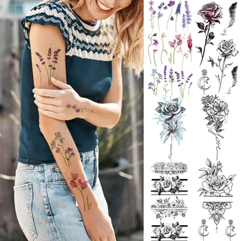 Прекрасни временни татуировки цвят лавандула За жени и деца, Изкуствена татуировка във формата на цвете Лилия, Перо, водоустойчиви Реалистични листове за татуировка на китката на ръката