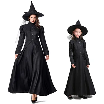Хелоуин, Нова Cosplay-костюм на Вещица за възрастни, деца, жени, момичета, рокля с дълъг ръкав, костюм с шапка, Черна рокля Вещици, Кралят костюм Вещица