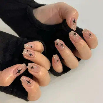 24шт къси квадратни режийни нокти Френски Астеризм Режийни ноктите Пълно покритие на Съобщение на нокти DIY Подвижна