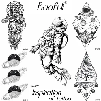 BAOFULI САМ Мъжки временна татуировка космонавта на Вселената, черна водоустойчива фалшива татуировка, преносими стикери с татуировки астронавти на тялото и ръката