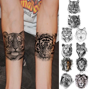 Временни татуировки с 3D Главата черен Тигър за жени, мъже, възрастни, Вълкът, Лъвът, Кръст, фалшива татуировка, стикер, модерен боди-арт, водоустойчив татуировки