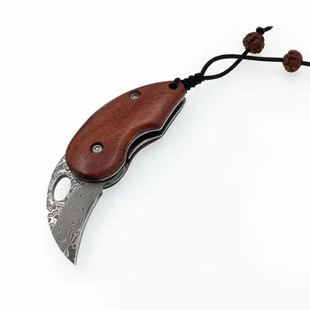 Универсален нож от дамасской стомана, мини Сгъваем джобен нож, дръжка от палисандрово дърво, кожени сабя