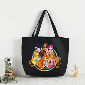 Холщовые чанта за рамо Winx Butterfly Fairy Design, голяма чанта голям за колеж в стил харадзюку, женствена чанта за пазаруване, чанта за пазаруване