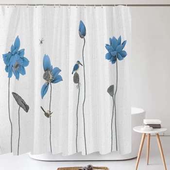 Завеса за душ с цвете на Син лотос и птици с куки, завеси за баня от полиестер, водоустойчив завеса за баня с 3D-принтом, завеса за домашен декор