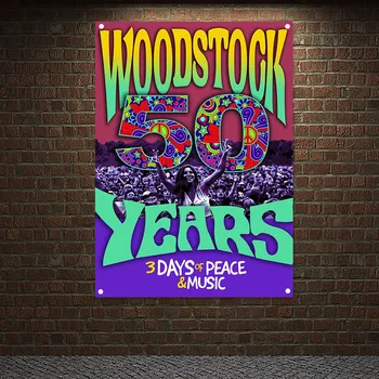 Художествен плакат в стил хеви метал, знамена с 4 метални дупки, банери музикален фестивал Уудсток през 1969-те, Гоблени, украса за спални, подарък за дома D4