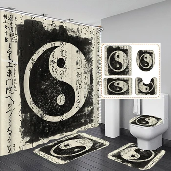 Завеса за душ с принтом в китайски стил, подложка за пода, схема на Тайдзи Bagua, Завеси за баня, капака на тоалетната чиния, Нескользящие изтривалки, изтривалки за баня, килим