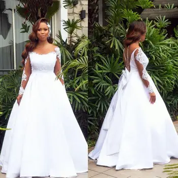 Направен по поръчка на Африкански рокли с дълги ръкави и кружевными апликации с лък и влак Голям размер Сватбени Рокли за младоженци