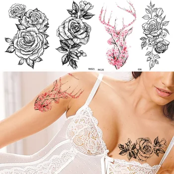 С молив очертанията на временна татуировка във формата на цвете на женската ръка, черни картини, стикери с татуировки, фалшива татуировка на гърдите при момичетата, татуировка във формата на цвете праскова 3D