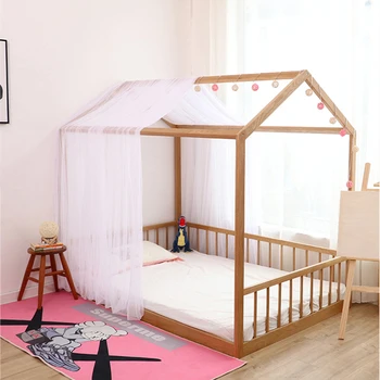 Детско легло от масивно дърво с парапет, творчески пода, легло за детска стая, къща на дърво