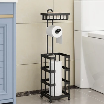 Многофункционален държач за ролка тоалетна хартия, салфетки, шкаф за баня, отделно стояща склад, аксесоари за баня, черен