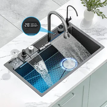 Кухненска мивка с водопад от неръждаема стомана, голяма однощелевой миксер с вграден цифров дисплей, мивка за кухня