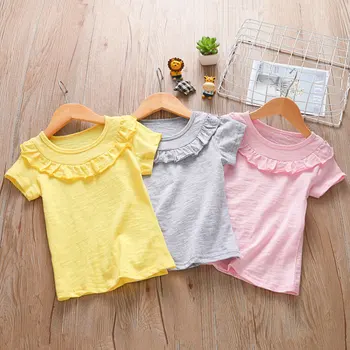 Лятна тениска с къси ръкави за момичета, 100% памук, Новите детски обикновена ежедневни блузи с волани, WT727