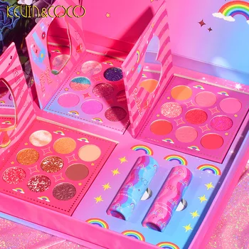 KEVIN & COCO Rainbow Smile Glitter Makeup Set Box Водоустойчив Тава За Сенки За очи Плюс Червило Нова Корейска Прах Blush Beauty Girls