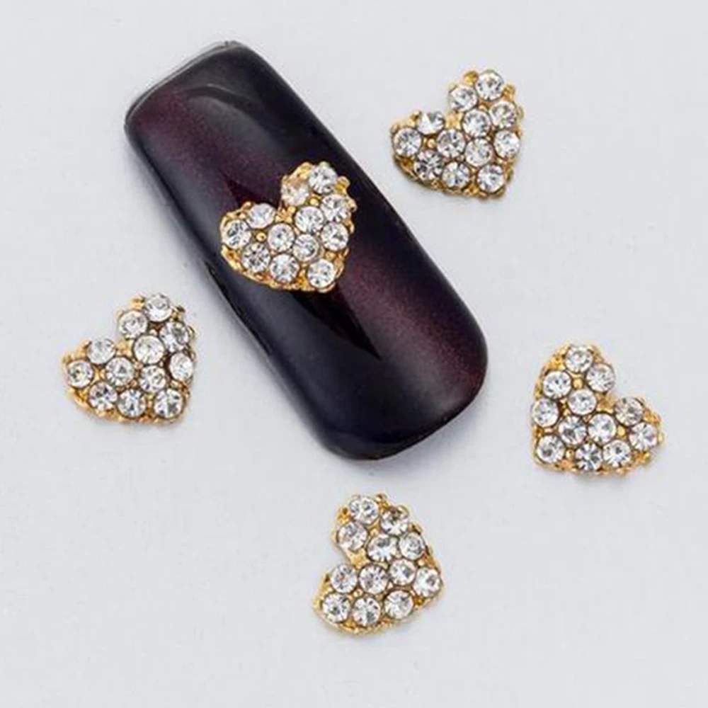 10шт Чар за дизайн на ноктите с пайети във формата на сърце, 10 мм, Плоски кристали, бижута от планински кристал, Злато / сребро, 3D Аксесоар за нокти с диаманти във формата на сърце . ' - ' . 1