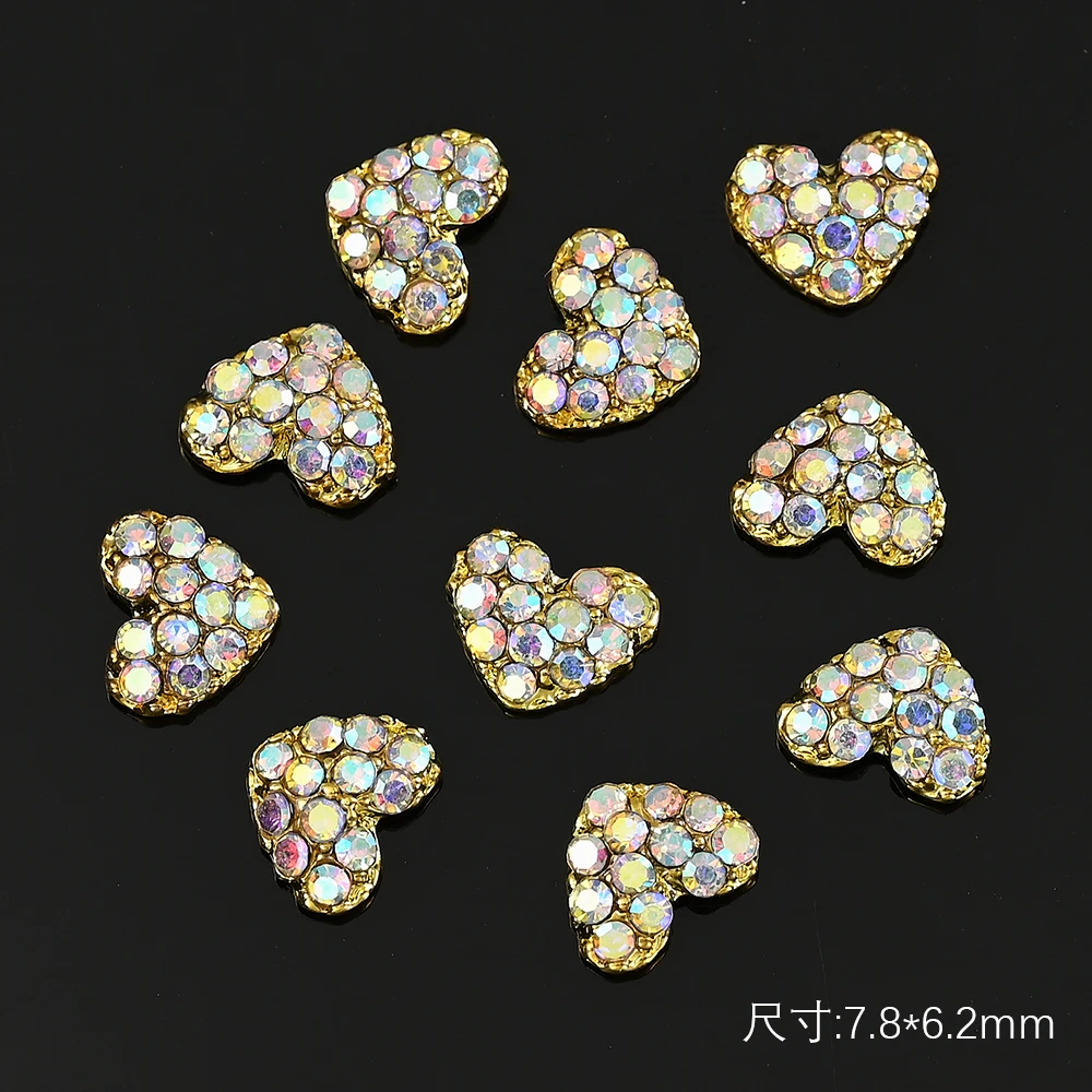 10шт Чар за дизайн на ноктите с пайети във формата на сърце, 10 мм, Плоски кристали, бижута от планински кристал, Злато / сребро, 3D Аксесоар за нокти с диаманти във формата на сърце . ' - ' . 5